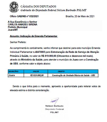 Deputado Federal Nelson Barbudo destina Emenda Individual para construção de UBS em Juara.