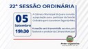 Acontecerá nesta segunda-feira, 05 de setembro às 19h30 a 22ª Sessão Ordinária do Poder Legislativo em 2022