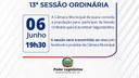 Acontecerá nesta segunda-feira, 06 de junho às 19h30 a 13ª Sessão Ordinária do Poder Legislativo em 2022