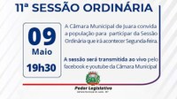 Acontecerá nesta segunda-feira, 09 de maio às 19h30 a 11ª Sessão Ordinária do Poder Legislativo em 2022