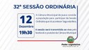 Acontecerá nesta segunda-feira, 12 de dezembro às 19h30 a 32ª Sessão Ordinária do Poder Legislativo em 2022