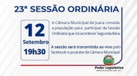 Acontecerá nesta segunda-feira, 12 de setembro às 19h30 a 23ª Sessão Ordinária do Poder Legislativo em 2022