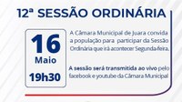 Acontecerá nesta segunda-feira, 16 de maio às 19h30 a 12ª Sessão Ordinária do Poder Legislativo em 2022