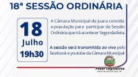 Acontecerá nesta segunda-feira, 18 de julho às 19h30 a 18ª Sessão Ordinária do Poder Legislativo em 2022