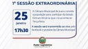 Acontecerá nesta terça-feira 25 de janeiro às 17h30 a 1ª Sessão Extraordinária de 2022 do Poder Legislativo