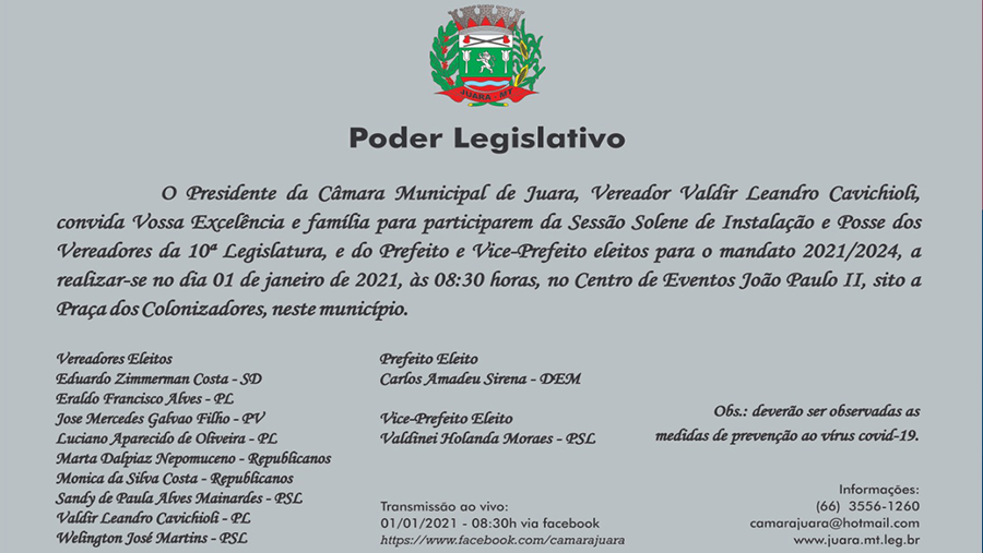 Convite: Sessão Solene de Instalação e Posse dos Vereadores e do Prefeito e Vice-Prefeito eleitos para o mandato 2021/2024.