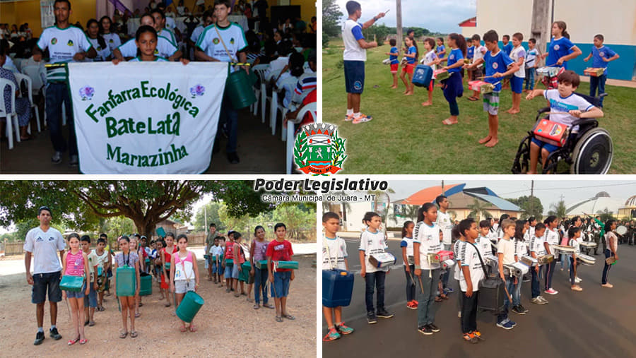 Instrumentos musicais com materiais recicláveis formam banda de escola em Juara.