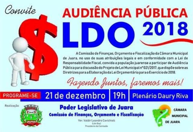 LDO/2018 será debatida nesta quinta-feira, dia 21.