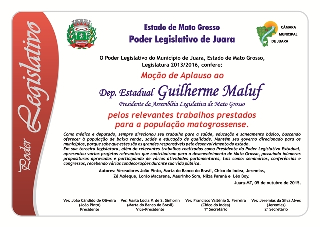 Presidente da AL/MT, Deputado Guilherme Maluf recebe homenagem da Câmara de Juara.