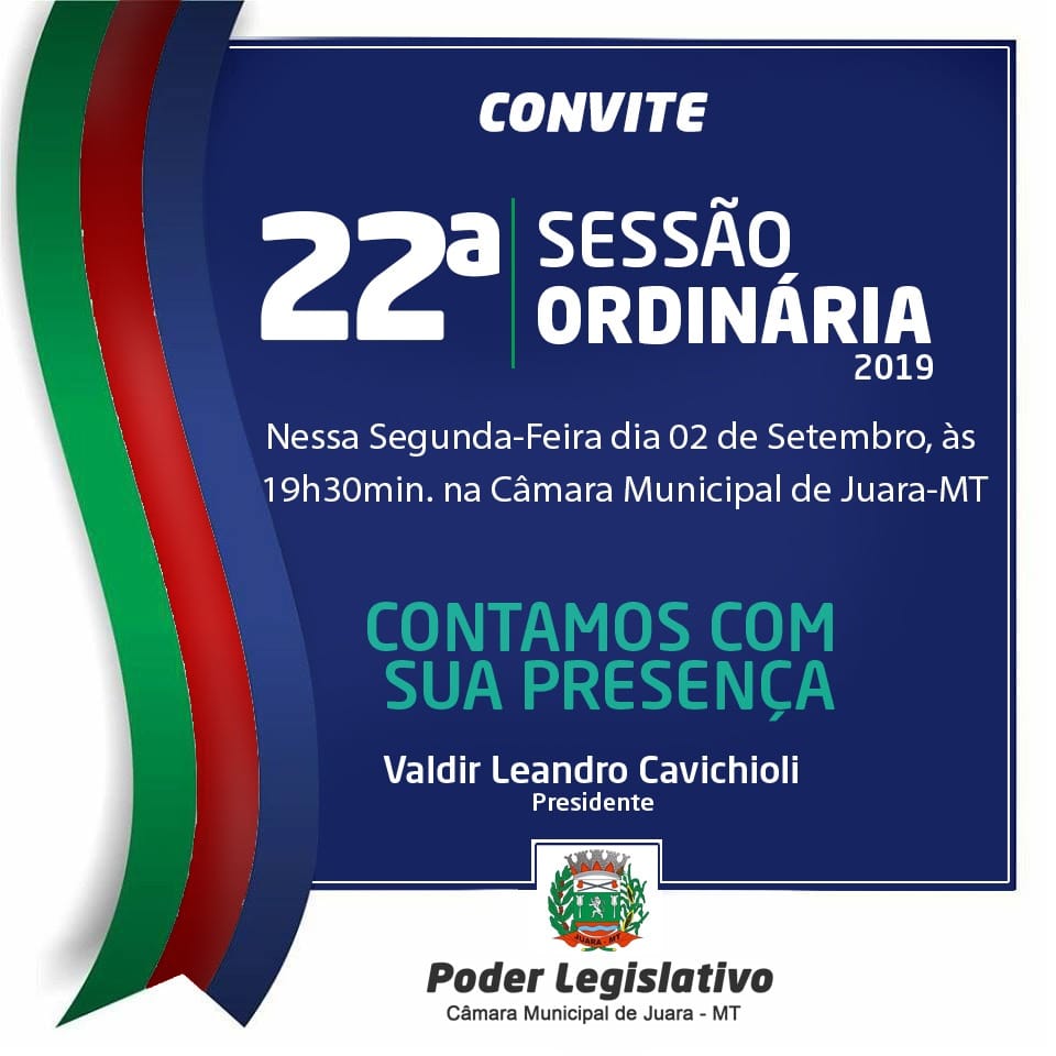 Segunda-feira, 02 de setembro tem Sessão Ordinária na Câmara Municipal. 